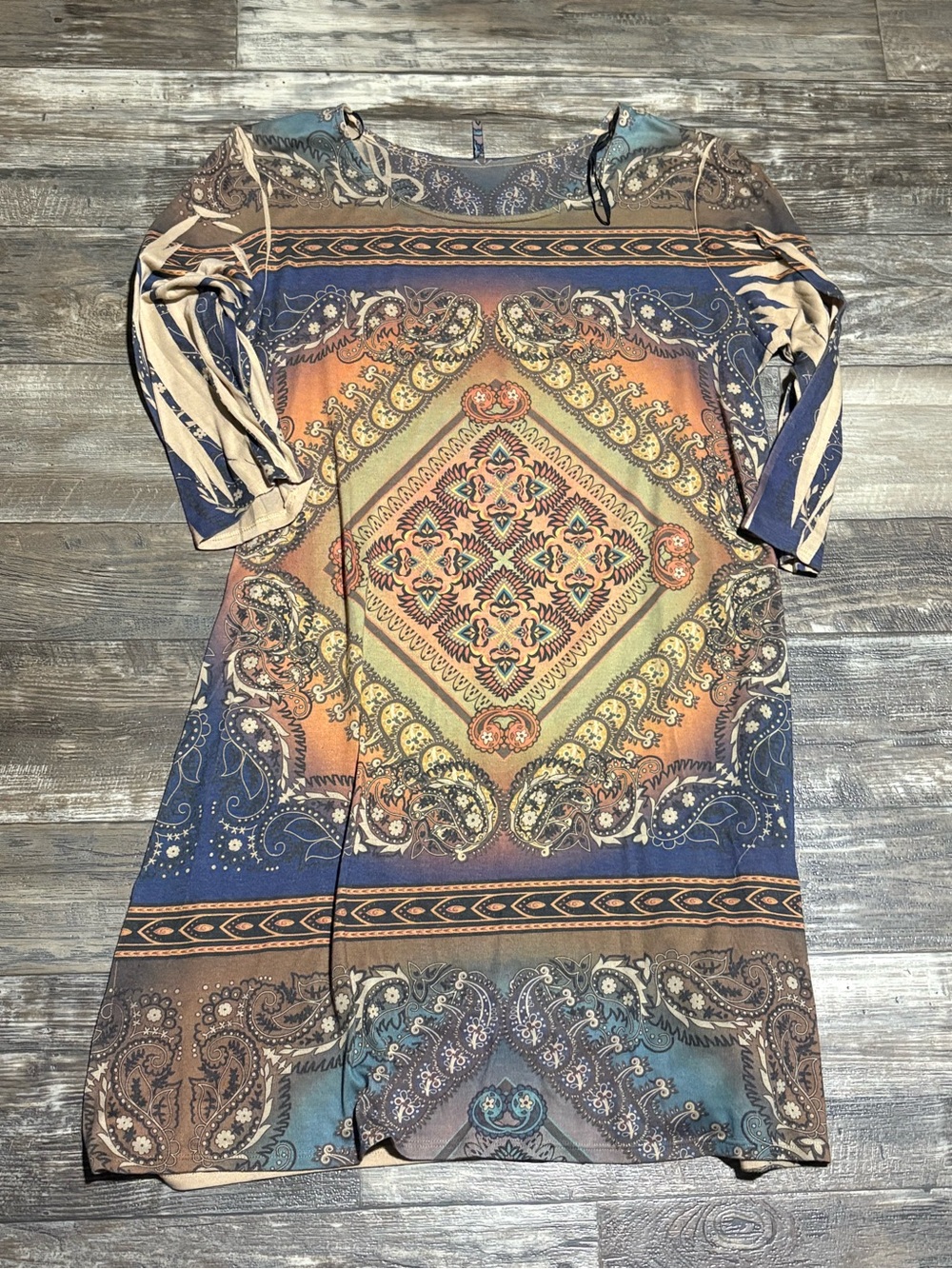 Paisley-Print Mini Dress in Blue & Tan